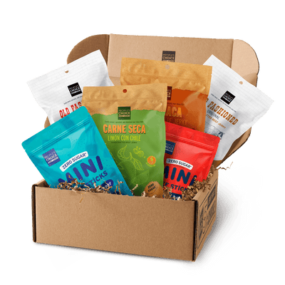 Branded box with assortment of beef jerky bags in it while against a transparent background. 