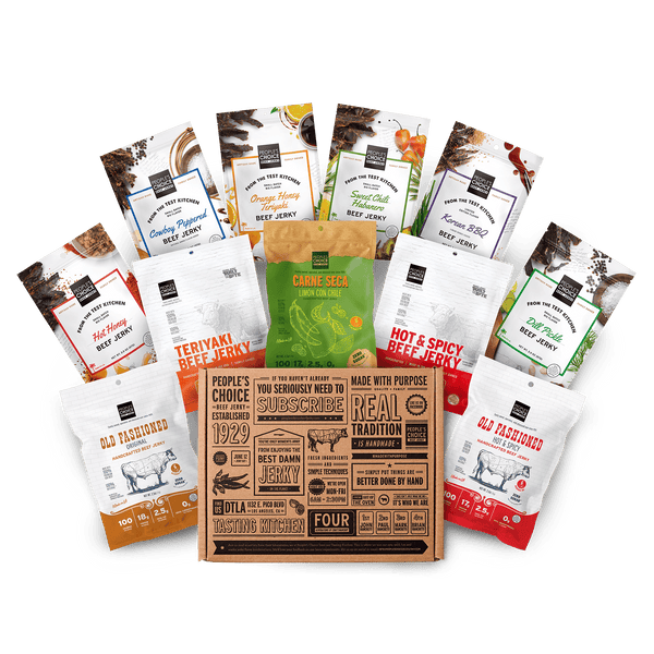 Assorted packages of beef jerky and other snacks on a transparent background
