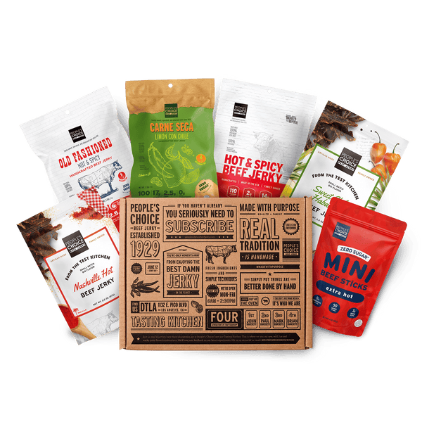 Branded box with assortment of beef jerky bags in it while against a transparent background. 