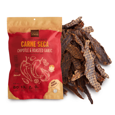 Carne Seca chipotle & roasted garlic snack with packaging on a white background