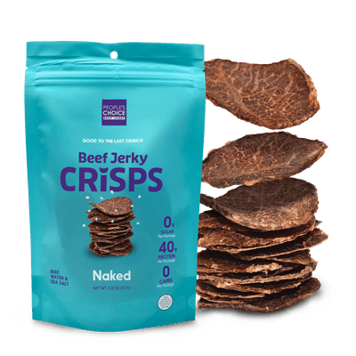 Blue package of Beef Jerky Crisps with a stack of crisps on a white background