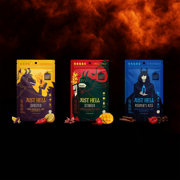 Three 'Just Hell' themed snack packages with fiery background