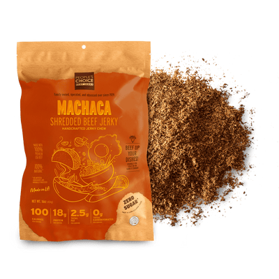 Package of Machaca Shredded Beef Jerky with a pile of beef jerky on a white background