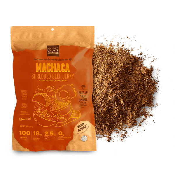 Package of Machaca Shredded Beef Jerky with a pile of beef jerky on a white background