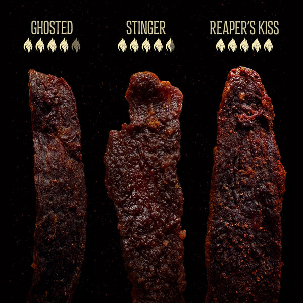 Three different types of jerky labeled 'Ghosted', 'Stinger', and 'Reaper's Kiss' on a dark background.