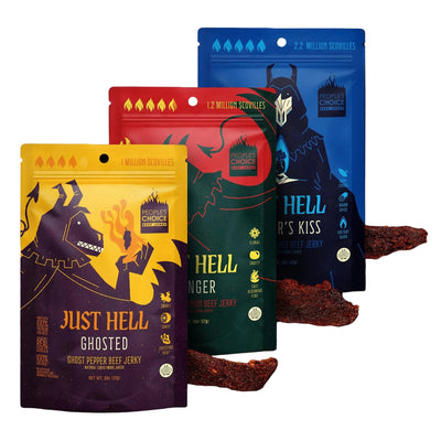 Three packages of 'Just Hell' branded spicy beef jerky with colorful designs on a dark background.