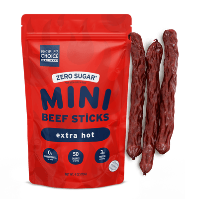 Red package of 'Zero Sugar Mini Beef Sticks' with three sticks displayed on a white background