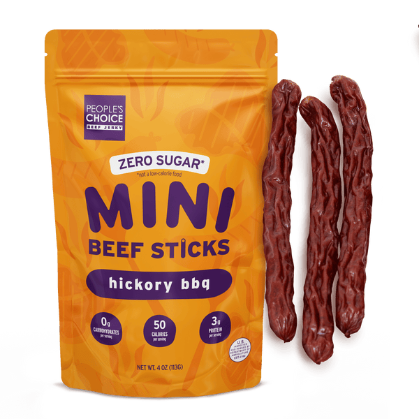 Orange package of People's Choice Zero Sugar Mini Beef Sticks Hickory BBQ flavor with three sticks displayed.