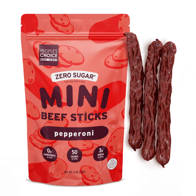 Red package of People's Choice Mini Beef Sticks with pepperoni flavor on a transparent background