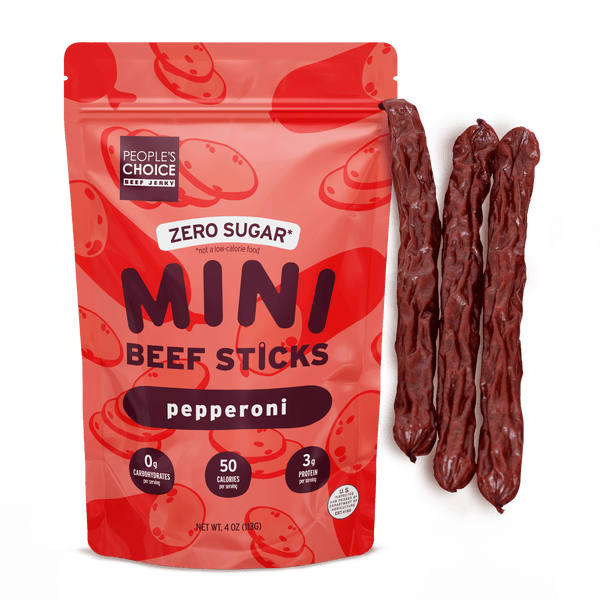 Red package of People's Choice Mini Beef Sticks with pepperoni flavor on a transparent background