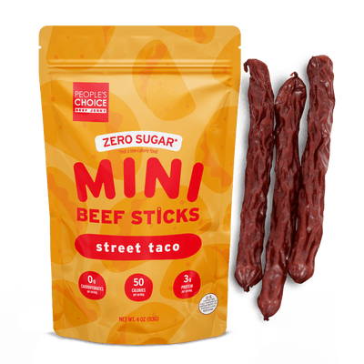 Package of People's Choice Zero Sugar Mini Beef Sticks street taco flavor with beef sticks displayed.