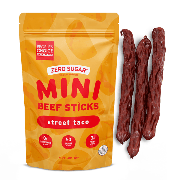 Package of People's Choice Zero Sugar Mini Beef Sticks street taco flavor with beef sticks displayed.