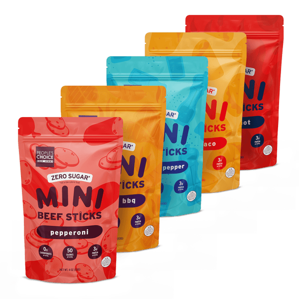 Assorted packages of Mini Beef Sticks in different flavors on a white background