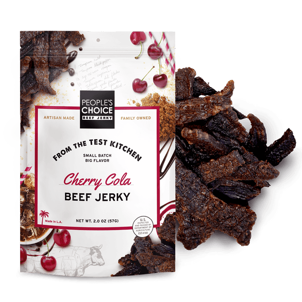 People's Choice Cherry Cola Beef Jerky packaging with product displayed