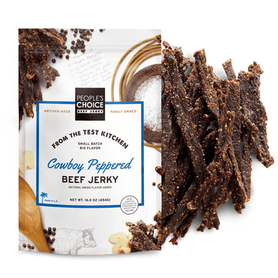 People's Choice Cowboy Peppered Beef Jerky packaging with jerky strips displayed.