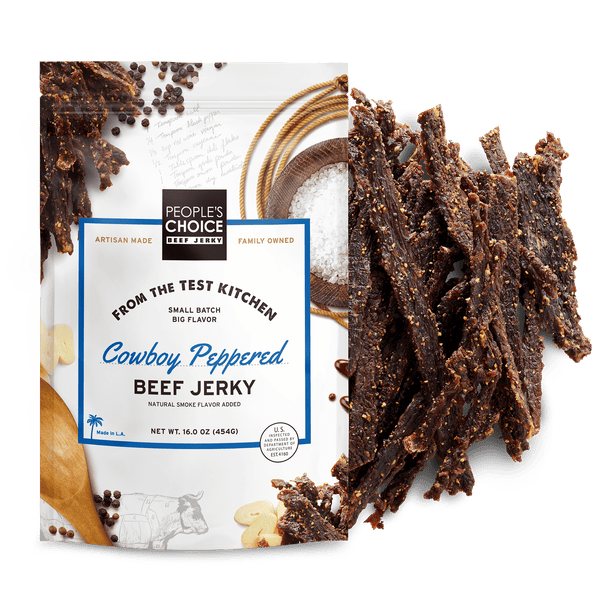 People's Choice Cowboy Peppered Beef Jerky packaging with jerky strips displayed.