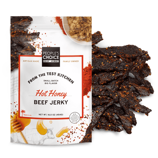 People's Choice Hot Honey Beef Jerky package with jerky strips on a white background
