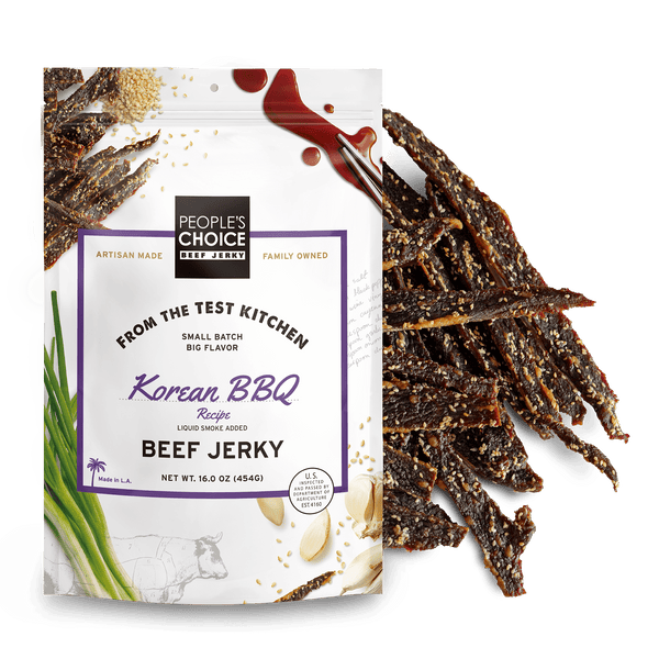People's Choice Korean BBQ beef jerky package with jerky strips on a white background