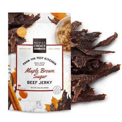 People's Choice Maple Brown Sugar Beef Jerky packaging with jerky strips displayed.