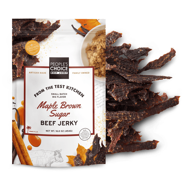 People's Choice Maple Brown Sugar Beef Jerky packaging with jerky strips displayed.