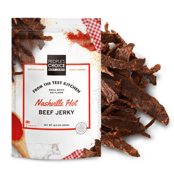People's Choice Nashville Hot Beef Jerky packaging with jerky pieces displayed.
