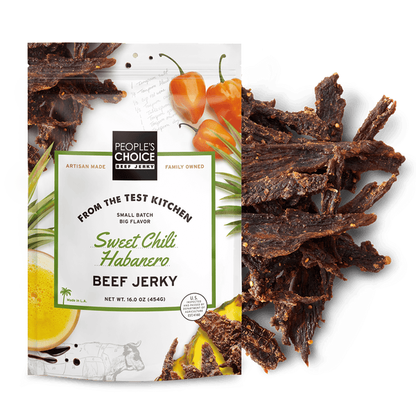 People's Choice Sweet Chili Habanero Beef Jerky packaging with jerky pieces on a black background