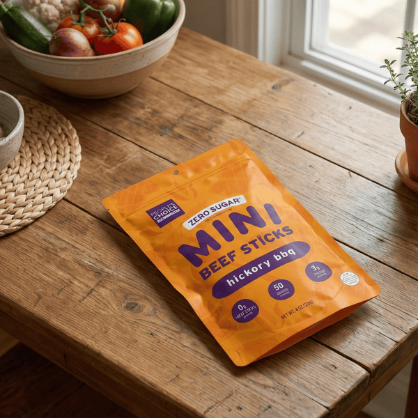 Packaging of Mini Beef Sticks on a wooden table with bowls of vegetables and a plant.