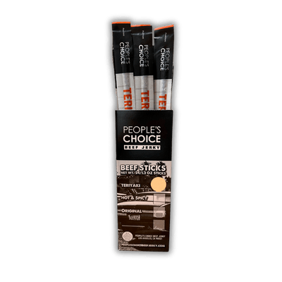 Pack of People's Choice beef sticks with visible branding on a clear background