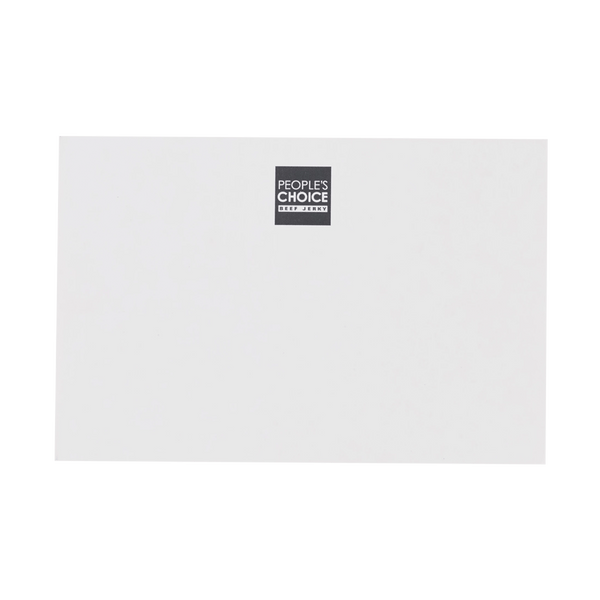 White plain card with People's Choice Beef Jerky logo. 