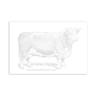 Front of Old School Greeting Card with a Cow on it and peopleschoicebeefjerky.mom